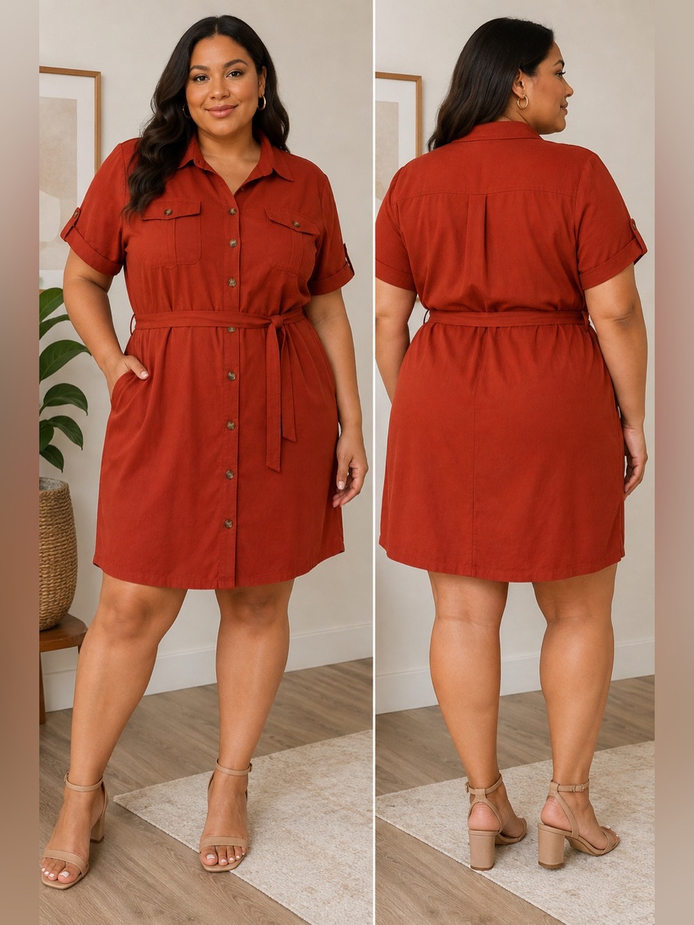 Women's Burnt Orange Button-Up Shirt Dress